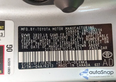 2014 Toyota Corolla Le z USA, uszkodzony, nr VIN 2T1BURHE1EC154151